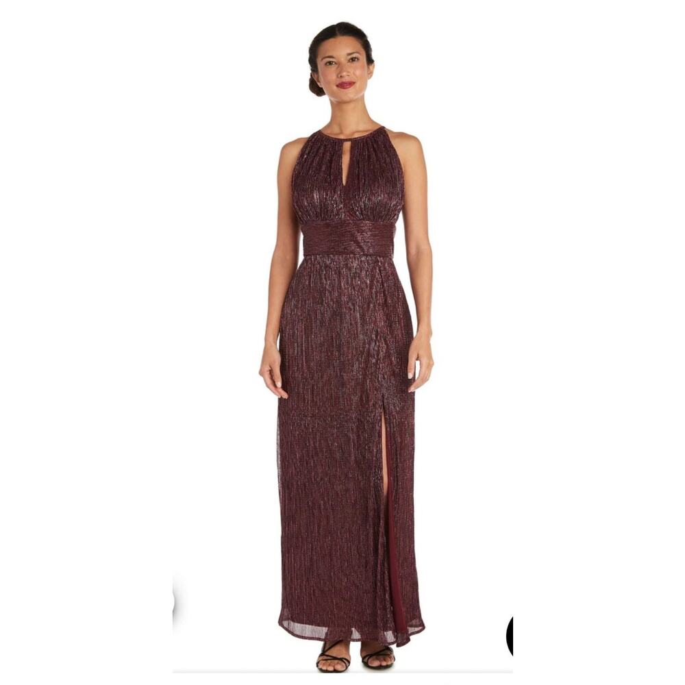 R&M RICHARDS Womens Metallic Merlot Burgundy Halter Formal Evening Gown Sz 4 NEW